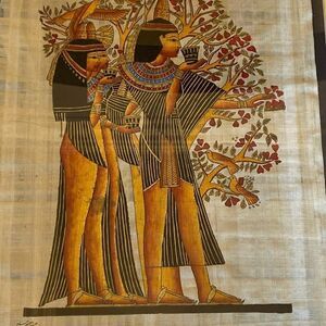 Cintage Egyptian Papyrus Painting Signed Framed Glass 26 x 22